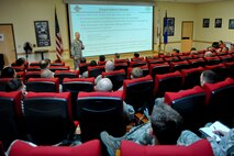 Chief Master Sgt. Kevin Newsom, 51st Aircraft Maintenance Squadron first sergeant, briefs about death notifications at the first sergeant symposium at Osan Air Base, Republic of Korea, March 30, 2016. The four-day symposium provided perspective and knowledge of first sergeant responsibilities like counseling, administrative reprimands and death notifications. (U.S. Air force photo by Staff Sgt. Jonathan Steffen/Released)