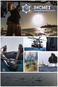 (April 4, 2016) An informational poster produced by Commander, U.S. Naval Forces Central Command promotes the 2016 International Mine Countermeasures Exercise (IMCMEX) 2016. IMCMEX 16, the largest maritime exercise in the world, kicked off April 4, with international naval and civilian maritime forces from more than 30 nations spanning six continents training together across the Middle East. The exercise is focused on maritime security from the port of origin to the port of arrival and will include scenarios that range from mine countermeasures, maritime infrastructure protection and maritime security operations in support of civilian shipping.