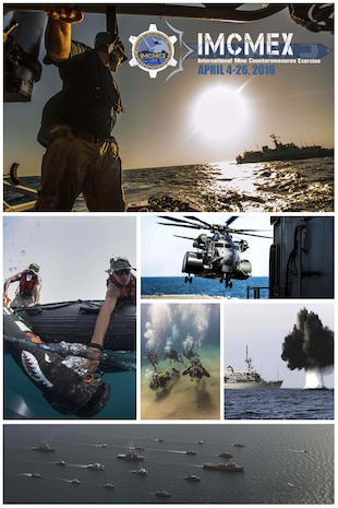 (April 4, 2016) An informational poster produced by Commander, U.S. Naval Forces Central Command promotes the 2016 International Mine Countermeasures Exercise (IMCMEX) 2016. IMCMEX 16, the largest maritime exercise in the world, kicked off April 4, with international naval and civilian maritime forces from more than 30 nations spanning six continents training together across the Middle East. The exercise is focused on maritime security from the port of origin to the port of arrival and will include scenarios that range from mine countermeasures, maritime infrastructure protection and maritime security operations in support of civilian shipping.