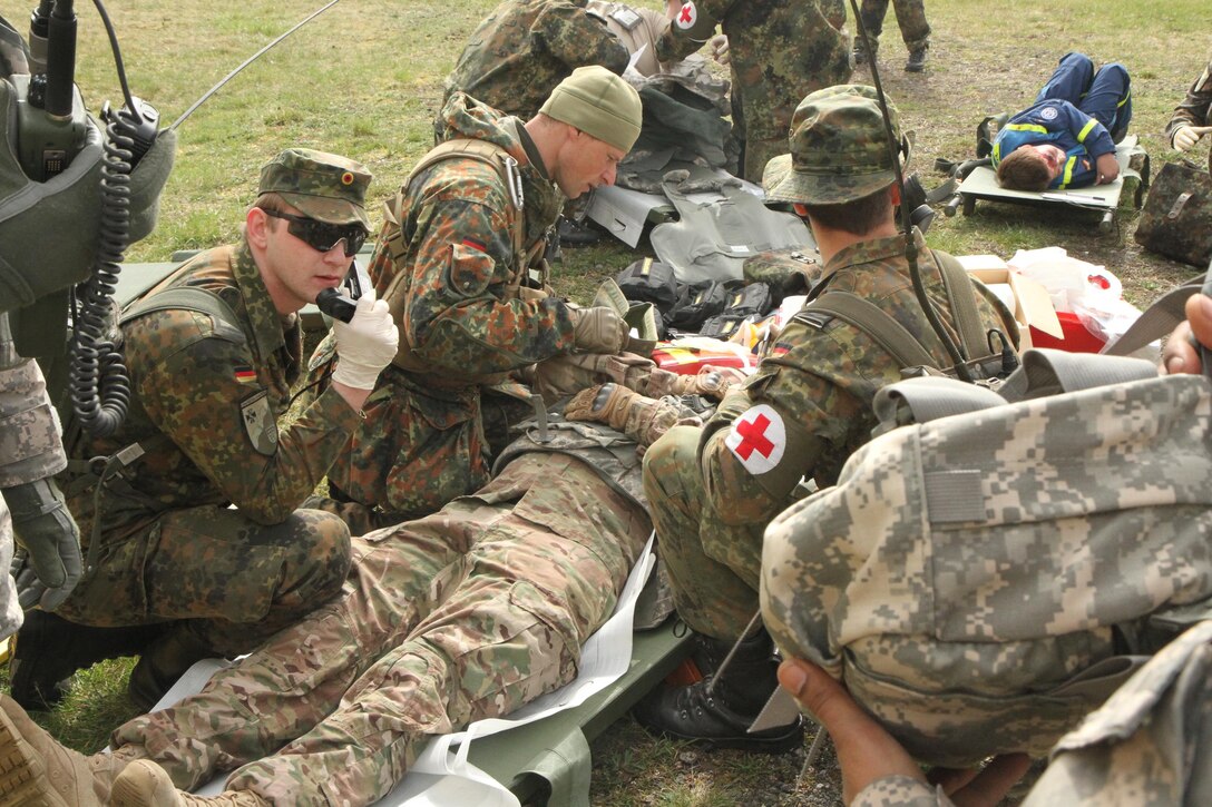 WACKERNHEIM, Germany- Soldiers of 361st Civil Affairs Brigade, 7th Mission Support Command trained with Bundeswehr Soldiers, members of the German Red Cross and civilian volunteers for the German Technical Assistance Service (Technische Hilfswerk) in a contingency operation exercise held at the 7th U.S. Army Joint Training Command Training Support Center, Wiesbaden on April 2, 2016. (Photo by Maj. Daryle Sewell, 7th Mission Support Command Public Affairs Office)