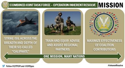 The mission of Combined Joint Task Force - Operation Inherent Resolve is to defeat ISIL, or Daesh, as it's also known in our area of operation, which includes both Iraq and Syria. 