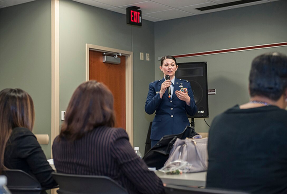 Air Force Capt. Joy Ella A. Bourassa, director of personnel, 178th Wing, Springfield, Ohio, talks to attendees at Defense Supply Center Columbus’ Women’s Leadership Summit March 23 in the Armed Forces Reserve Center (Building 2). Bourassa has served as the Executive Officer at the Ohio Air National Guard State Headquarters and as the State Equal Employment Manager and State Diversity and Inclusion Advisor for the Adjutant General. 