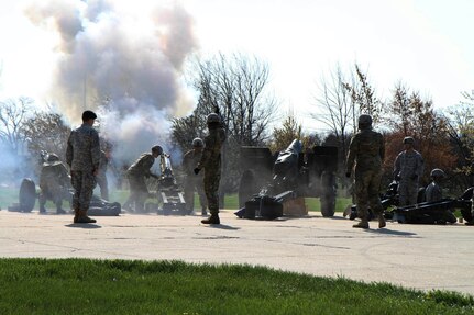 Canons roar during the 102nd Training Division (Maneuver Support) Change of Command ceremony to symbolically mark the tranfer of authority from outgoing commander Brig. Gen. John Elam to the 102nd's incoming commander, Brig. Gen. Miyako Schanely, at Ft. Leonard Wood, Mo., March 3, 2016.  The 102nd trains engineers, military police, and CBRN (chemical, biological, radiological, and nuclear) soldiers across the United States.