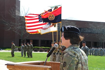 Brig. Gen. Miyako Schanely, the incoming commander of the 102nd Training Division (Maneuver Support), delivers her first address as commander during Change of Command Ceremony at Ft. Leonard Wood, Mo., March 3, 2016.  The 102nd trains engineers, military police, and CBRN (chemical, biological, radiological, and nuclear) soldiers across the United States.