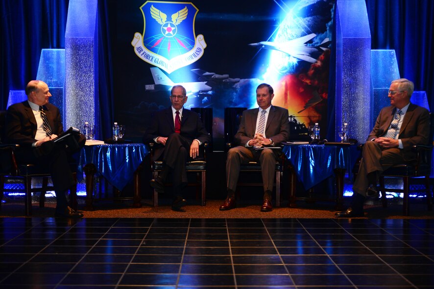 Air Force Global Strike Command hosted its inaugural Deterrence Symposium Thursday, March 24 at Barksdale Air Force Base, Louisiana. The symposium featured a panel of four retired general officers who spoke to the importance of the command’s deterrence mission and answered questions from the audience. (From left to right) Gen. Gregory S. Martin, former U.S. Air Force Materiel Command commander; Gen. Larry D. Welch, former Chief of Staff of the U.S. Air Force and served as the commander for Strategic Air Command from 1985-86; Gen. William M. Fraser III, former U.S. Transportation Command commander; and Gen. Douglas Fraser, former U.S. Southern Command commander. (U.S. Air Force photo/Airman 1st Class Luke Hill)