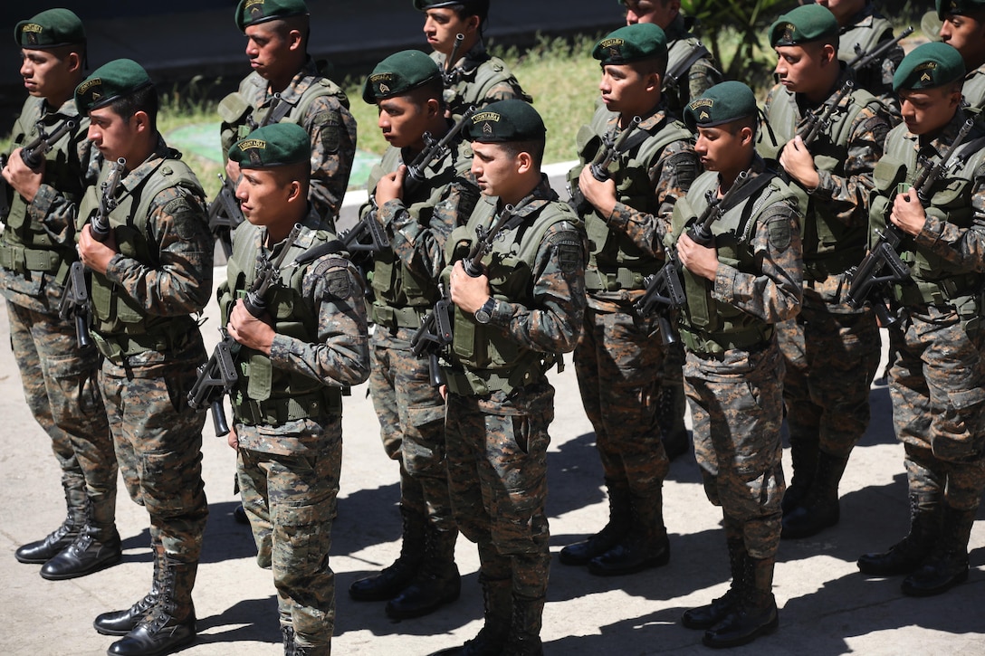 Guatemalan Army members in formation before the celebration for Guatemala's republic day at San Marcos, April 4th, 2016. Task Force Red Wolf and Army South conducts Humanitarian Civil Assistance Training to include tactical level construction projects and Medical Readiness Training Exercises providing medical access and building schools in Guatemala with the Guatemalan Government and non-government agencies from 05MAR16 to 18JUN16 in order to improve the mission readiness of US Forces and to provide a lasting benefit to the people of Guatemala. (U.S. Army photo by Sgt. Prosper Ndow/Released)