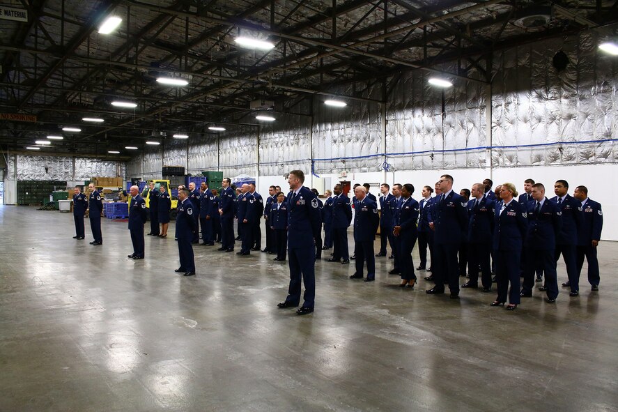Reservists from the 445th Logistics Readiness Squadron stand by as they prepare for their squadron’s open ranks inspection during the March 6, 2016 unit training assembly.
