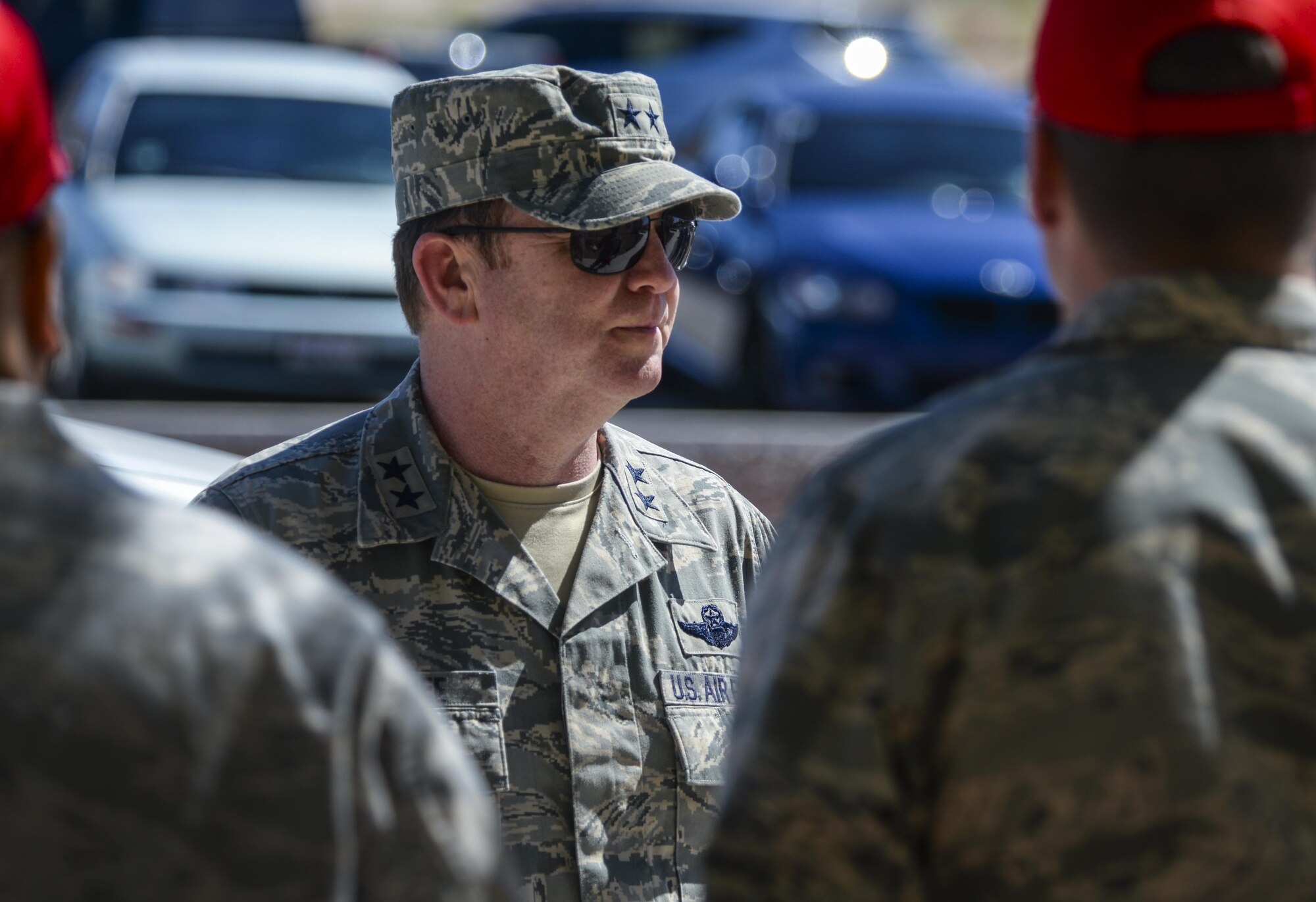 Maj. Gen. Richard Scobee, 10th Air Force Commander, visits the 555th Red Horse Squadron at Nellis Air Force Base, Nev., April 2, 2016. Scobee’s command includes all fighter, bomber, special operations, rescue, airborne warning and control, fighter and bomber flying-training missions, combat air operations battle staff, remotely-piloted aircraft, space, and cyber units in the Air Force Reserve Command. (U.S. Air Force photo by Airman 1st Class Kevin Tanenbaum)