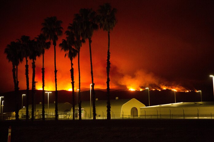CAMP PENDLETON, Calif. - The Las Pulgas fire first reported at 3:15 p.m. Thursday has grown to 8,000 acres burned and 5% contained. Evacuation orders for Camp Las Pulgas, Camp Margarita, Camp Las Flores and 32 Area remain in effect. The Las Pulgas gate remains closed to all traffic except emergency vehicles. Stuart Mesa Road north of Assault Craft Unit-5 remains closed. Basilone Road from Marine Corps Air Station Camp Pendleton to Camp Horno, as well as Las Pulgas Road remain closed. Ammunition Road aboard Naval Weapons Station Fallbrook also remains closed.