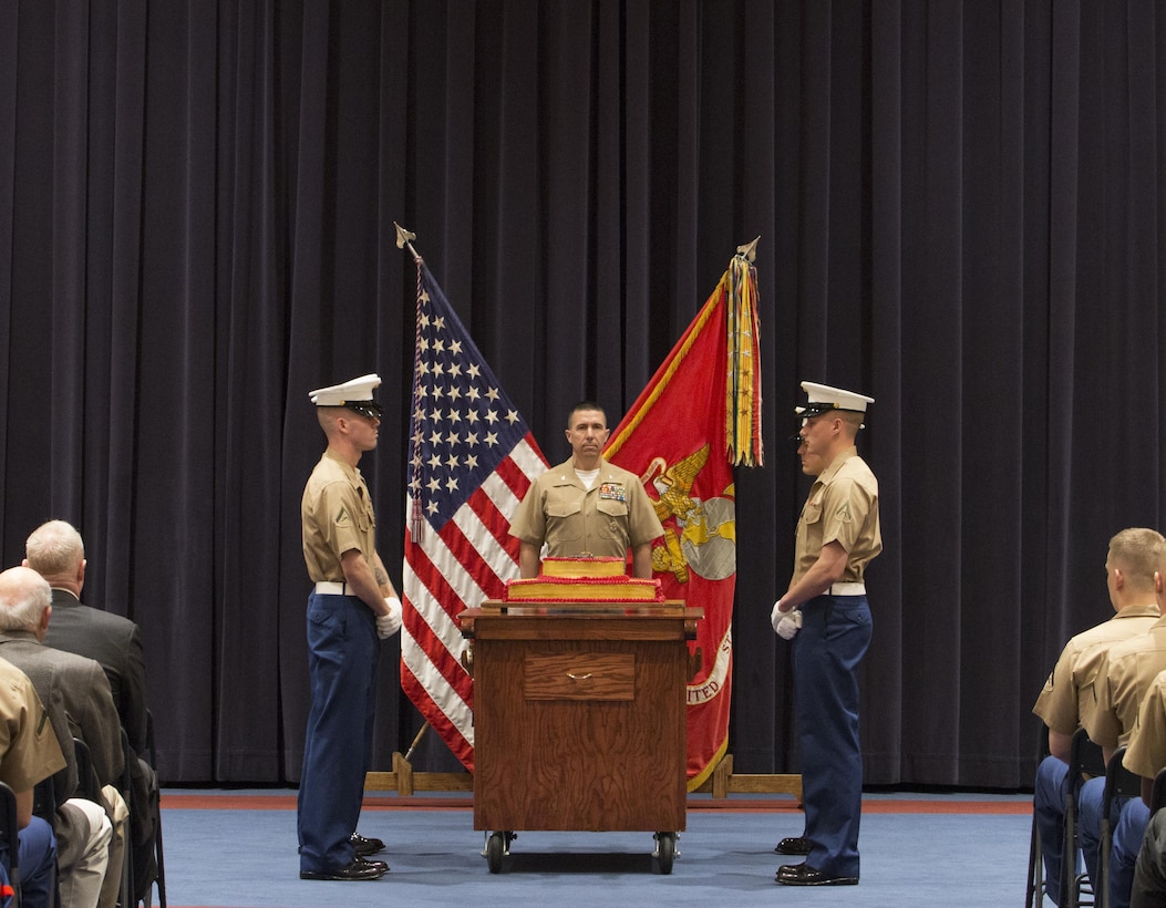 Col. Benjamin T. Watson, commanding officer, Marine Barracks Washington, D.C., presides over the cake cutting ceremony of the “Corps Oldest Post” 215 birthday ceremony, April 1, 2016. In 1801, President Thomas Jefferson rode through the Nation’s Capital with our second commandant, Lt. Col. William Ward Burrows in search of an appropriate site to build a new garrison for the Marine Corps. They selected the site, fondly known as “8th and I”, because of the proximity to the Washington Navy Yard and because it was within marching distance to the Capitol building. (U.S. Marine Corps photo by Staff Sgt. Michael Coleman/Released)