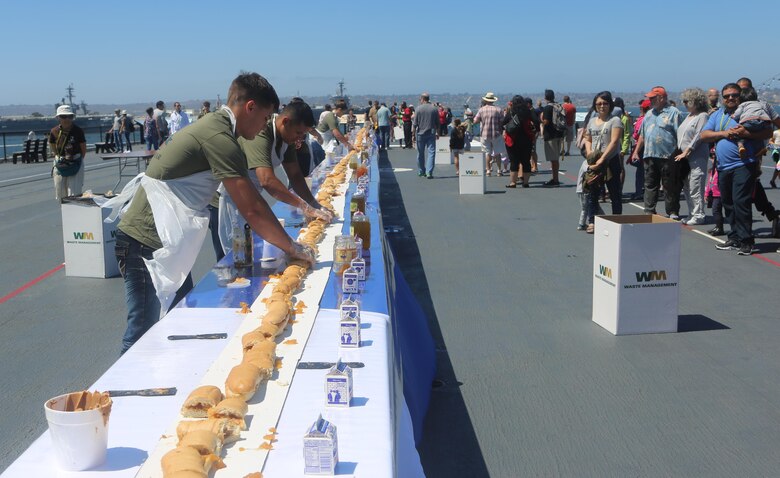 Marines with Marine Corps Air Station Miramar’s Single Marine Program make sandwiches during the Stem-to-Stern PB & J challenge aboard the USS Midway Museum in San Diego, Calif., April 2, 2016. The Marines competed with 20 local Sailors to make the world’s longest peanut butter and jelly sandwich made on a military vessel.