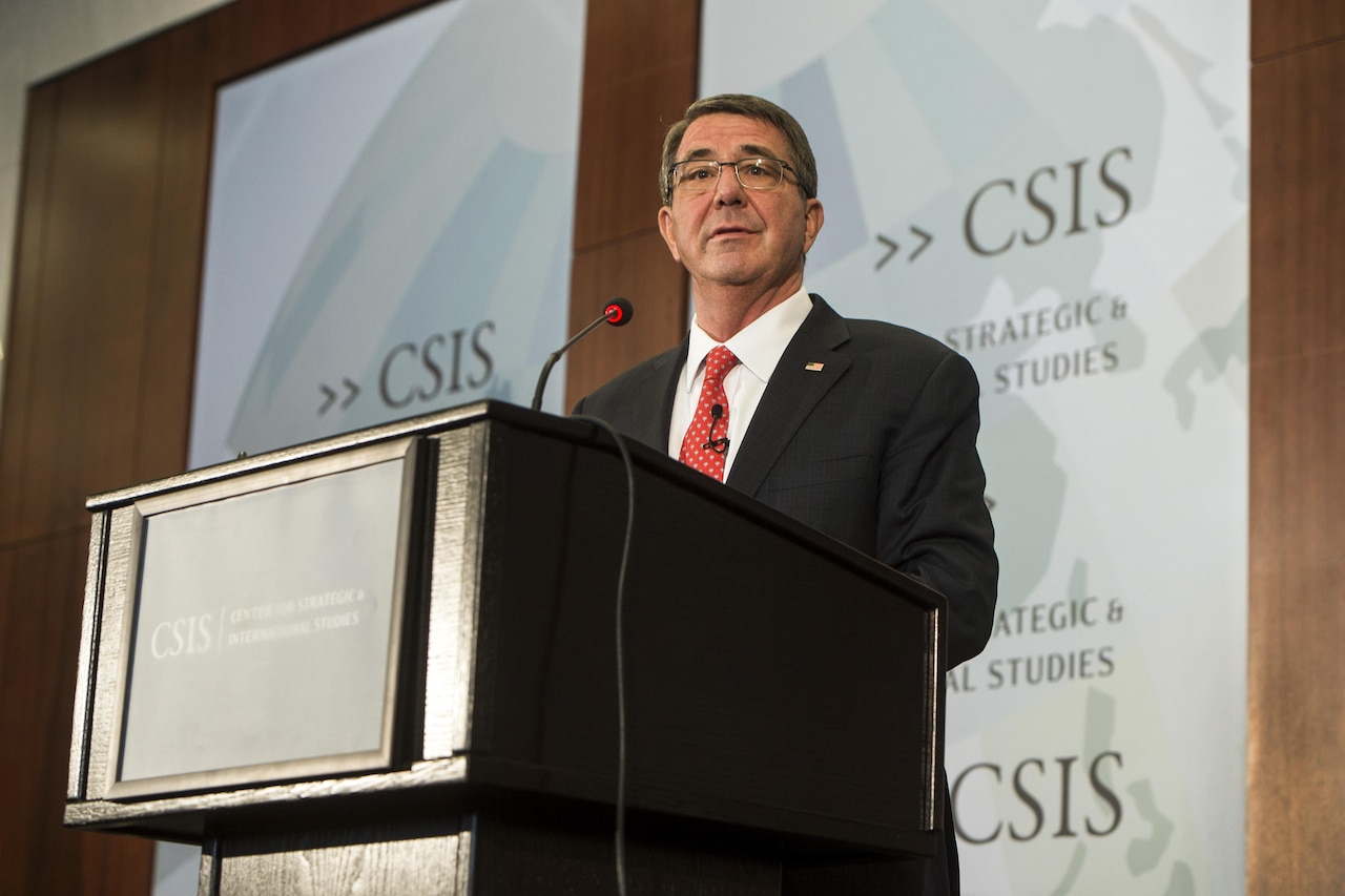 WASHINGTON (April 5, 2016) Defense Secretary Ash Carter addresses the Center for Strategic and International Studies in Washington, D.C., April 5, 2016. DoD photo by Petty Officer 1st Class Tim D. Godbee