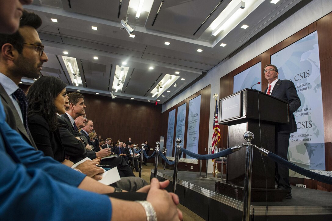 Defense Secretary Ash Carter addresses the Center for Strategic and International Studies in Washington, D.C., April 5, 2016. DoD photo by Petty Officer 1st Class Tim D. Godbee
