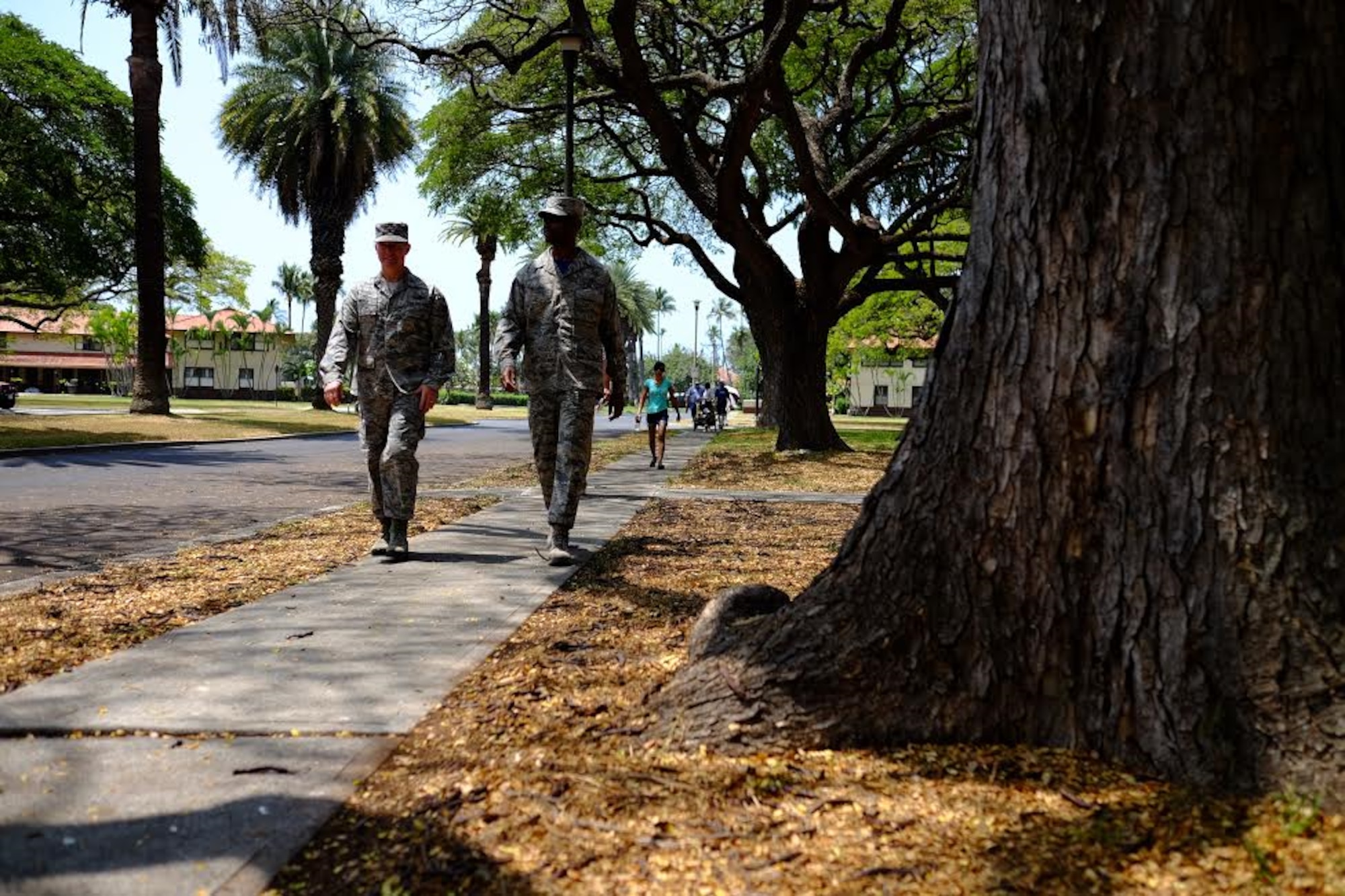 Col. Randall Huiss, 15th Wing commander, and Chief Master Sgt. Jerry Williams Jr., 15th Wing command chief, walk down Signer Ave. during the fourth-annual ‘One Mile Walk to Safety’  here, on April 1, 2016. The Walk to Safety is planned in conjunction with NOAA, state civil defense, City and County of Honolulu departments of emergency management and the American Red Cross and serves to raise awareness for the potential tsunami threat Hawaii faces. (U.S. Air Force photo by Staff Sgt. Christopher Stoltz/Released)
