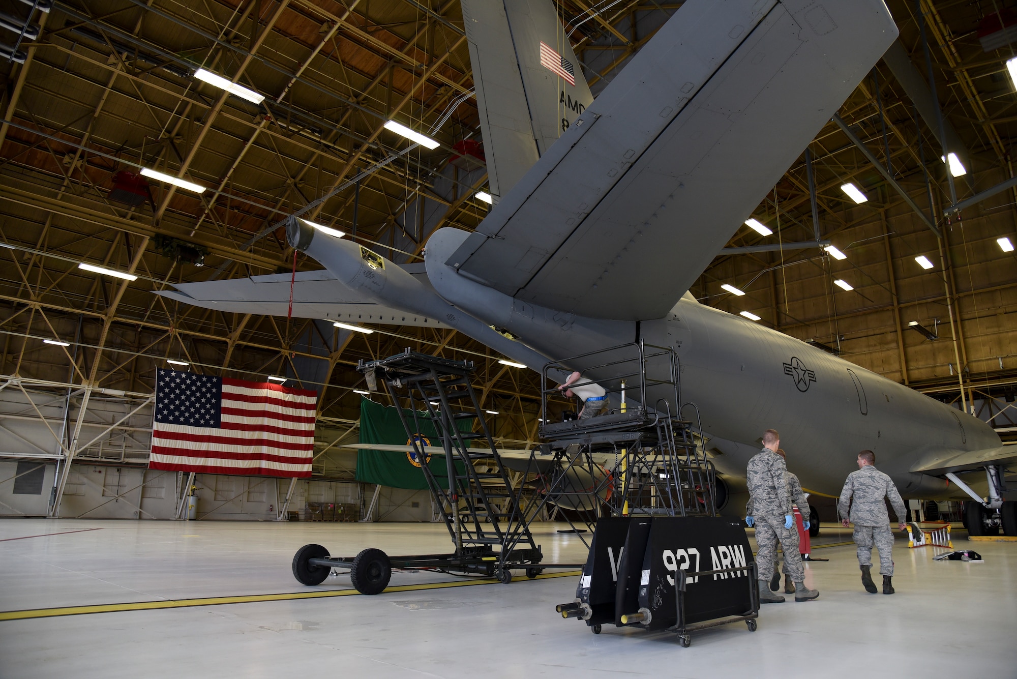 Airmen with the 92nd Maintenance Squadron hydraulics back shop work on installing a boom onto a KC-135 Stratotanker from MacDill Air Force Base, Fla. March 22, 2016, at Fairchild AFB, Wash. The new consolidated hydro shop has made training more effective, Airmen more knowledgeable about their career field and has saved time and money for various base operations. (U.S. Air Force photo/Airman 1st Class Mackenzie Richardson)
