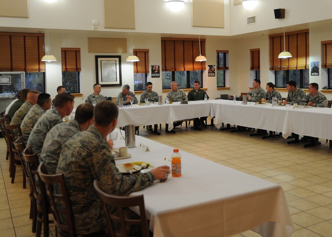 U.S. Air Force Lt. Gen. Sam Cox, 18th Air Force commander, and Chief Master Sgt. Todd Petzel, 18th AF command chief, have breakfast with Airmen from the 317th Airlift Group, March 29, 2016, at Dyess Air Force Base, Texas. Cox and Petzel spent their time at Dyess learning about the Airmen assigned to the 317th Airlift Group and how they contribute to the Air Force mission. On a daily basis, the personnel of the 317th fly passengers, equipment and supplies all over the world to support U.S. military obligations, take part in numerous exercises to develop and refine their skills and are often involved in humanitarian disaster relief operations around the world. (U.S. Air Force photo by Senior Airman Shannon Hall/Released)