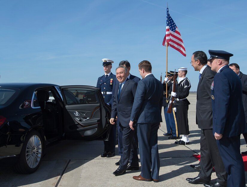 Nursultan Nazarbayev, President of the Republic of Kazakhstan, prepares to depart after arriving at Joint Base Andrews flightline, March 30, 2016. He arrived for the 2016 Nuclear Security Summit held in Washington, D.C. The summit provides a forum for leaders to reinforce commitments to securing nuclear materials. (U.S. Air Force photo by Senior Airman Nesha Humes/RELEASED)