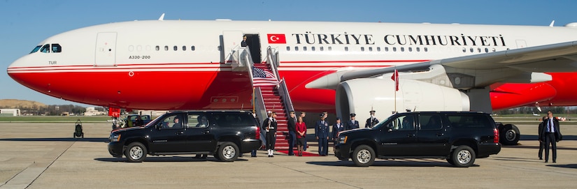 Joint Base Andrews members standby as the Republic of Turkey President departs the airfield here, March 29, 2016. He arrived for the 2016 Nuclear Security Summit held in Washington, D.C. The summit provides a forum for leaders to reinforce commitments to securing nuclear materials. (U.S. Air Force photo by Senior Airman Ryan J. Sonnier/RELEASED)