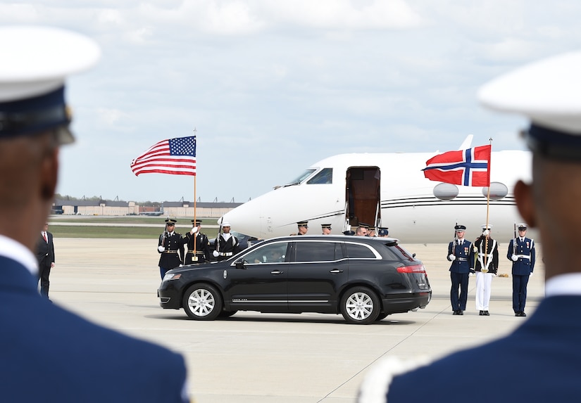 A motorcade for Erna Solberg, Norway's Prime Minister, prepares to depart the Joint Base Andrews flightline March 31, 2016. More than 20 countries arrived here for the 2016 Nuclear Security Summit held in Washington, D.C. The summit provides a forum for leaders to reinforce commitments to securing nuclear materials. (U.S. Air Force photo by Senior Airman Joshua R. M. Dewberry/RELEASED)
