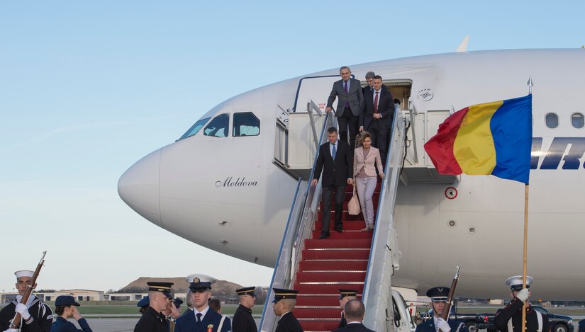 Klaus Iohannis, Romania’s president, and his wife Carmen Johannis arrive at Joint Base Andrews, Md., March 30, 2016. Iohannis, along with more than 20 other foreign leaders, arrived here for the 2016 Nuclear Security Summit held in Washington, D.C. The summit provides a forum for leaders to reinforce commitments to securing nuclear materials. (U.S. Air Force photo by Senior Airman Ryan J. Sonnier/RELEASED)