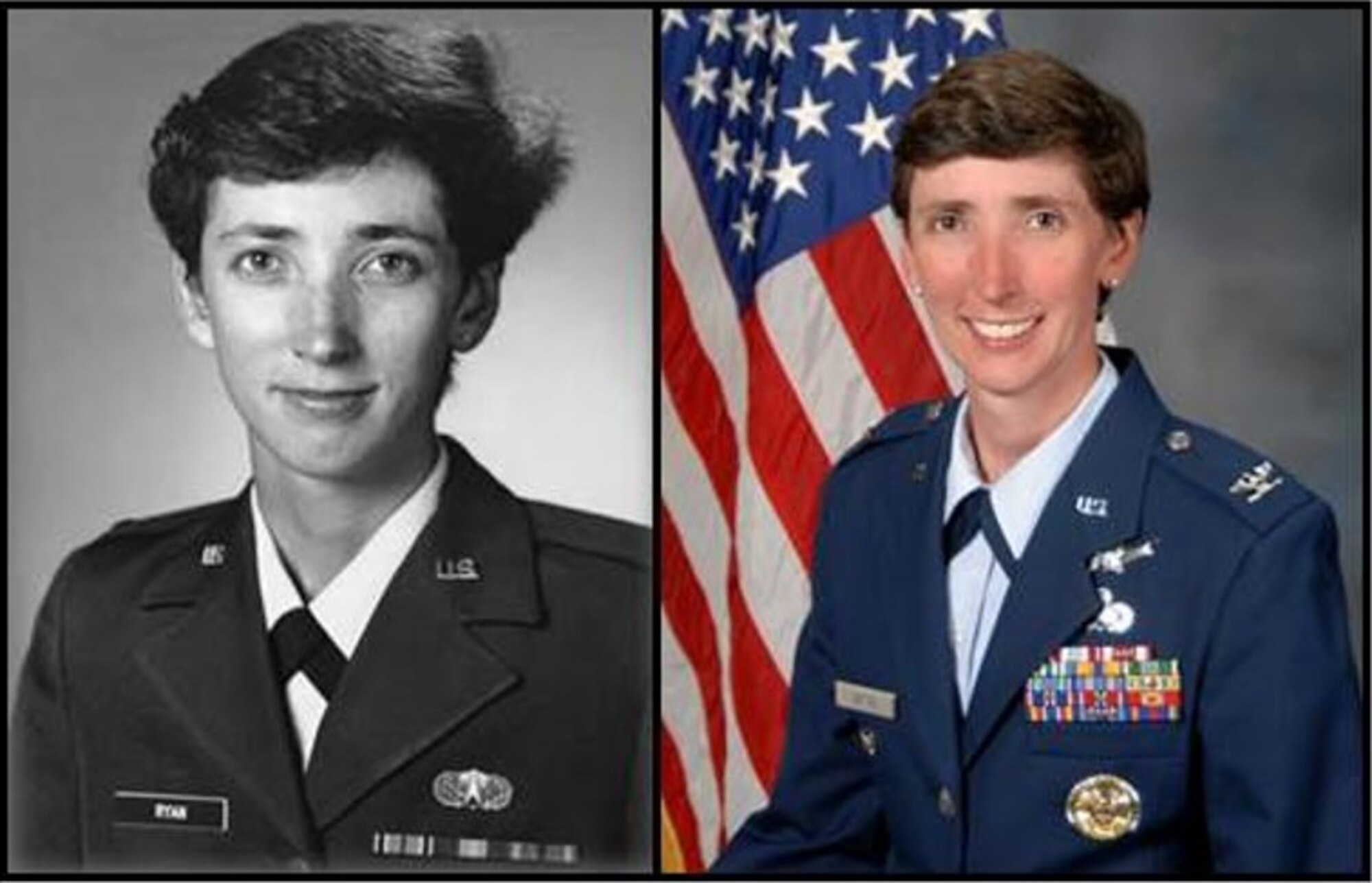 A side by side photo of then - Lt. Loralee Ryan, when she served at SMC and now - Col. Loralee Manas who is currently assigned to MDA. (Air Force photo)