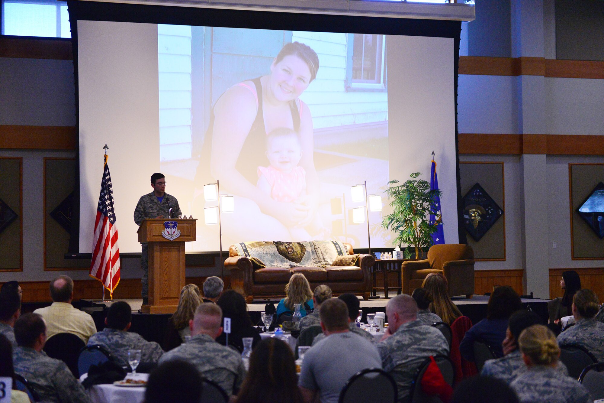 Staff Sgt. Frank Farmer, a member of the 341st Civil Engineer Squadron, shares the story of his wife’s fatal car accident at the Storytellers event held April 1, 2016, at Malmstrom Air Force Base, Mont. Storytellers is a resiliency event held biannually at the base, where individuals are able to share their stories to inspire and empower others during tough times. (U.S. Air Force photo/Airman Daniel Brosam)