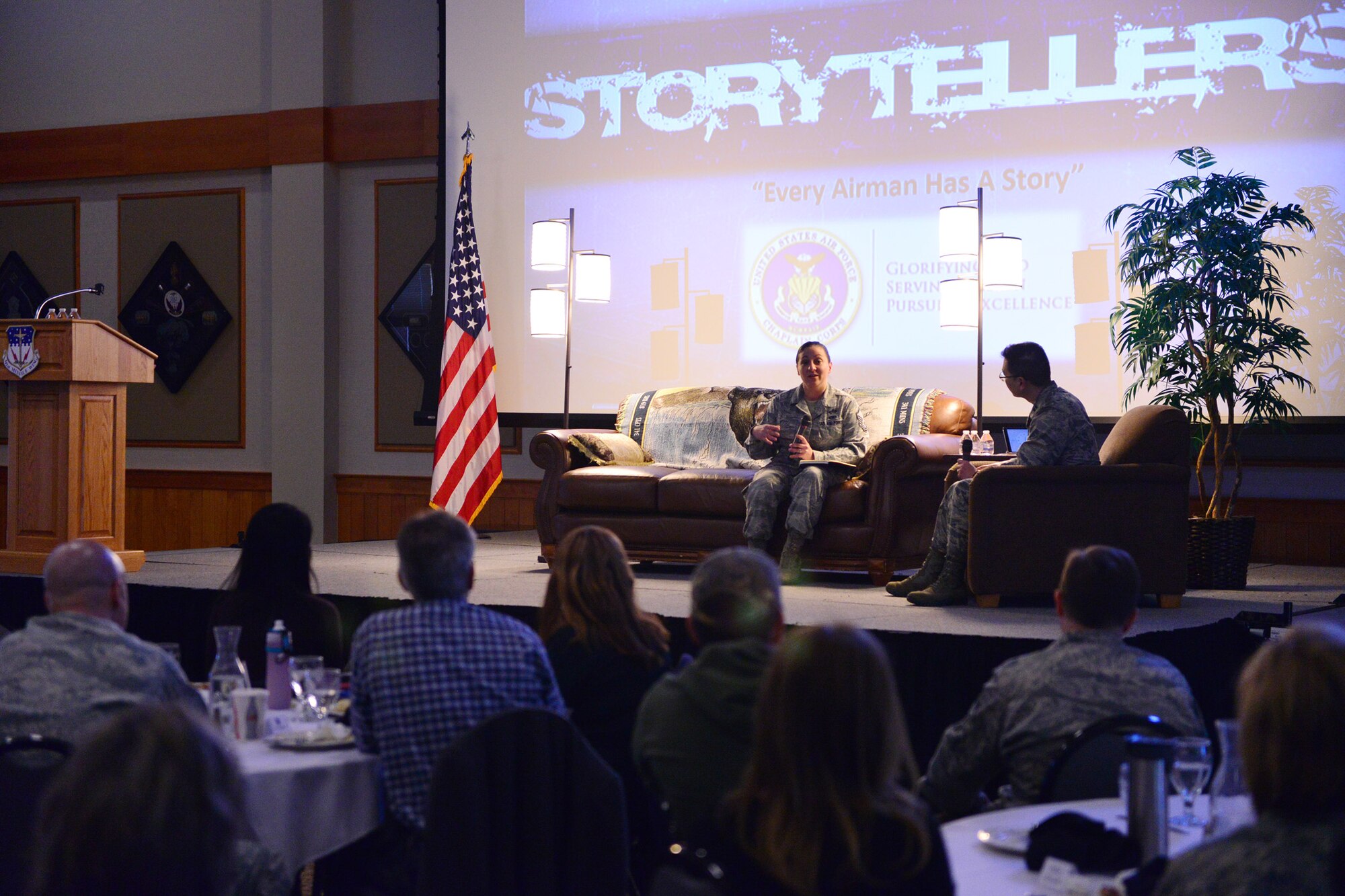 Master Sgt. Reina Voss, 341st Missile Wing judge advocate law office superintendent, shares her story about alcoholism at the Storytellers event held April 1, 2016, at Malmstrom Air Force Base, Mont. Storytellers is a resiliency event held biannually at the base, where individuals are able to share their stories to inspire and empower others during tough times. (U.S. Air Force photo/Airman Daniel Brosam)