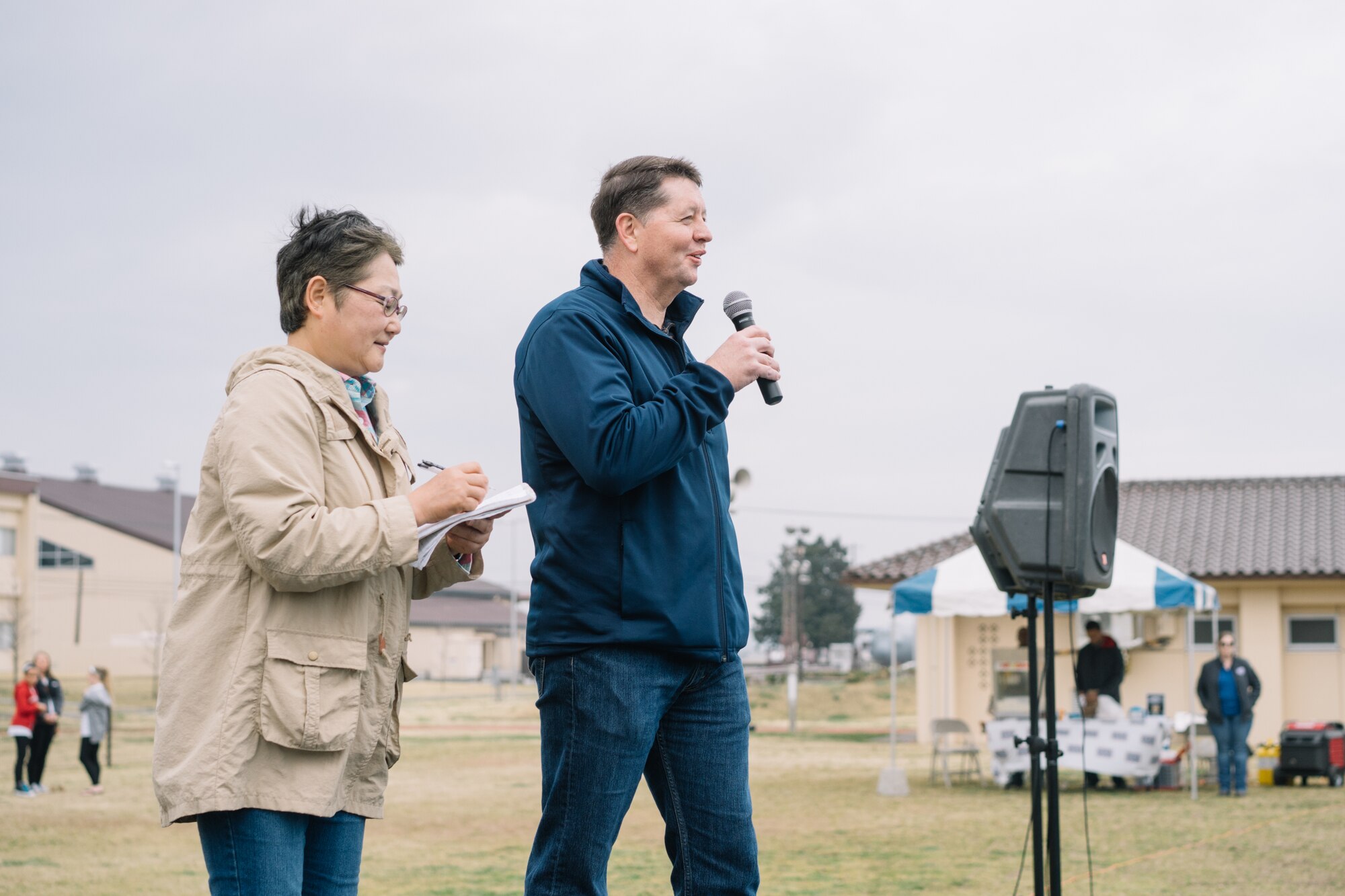 Col. Neil Richardson, 374th Airlift Wing vice commander, provides opening remarks during the Youth Festival at Yokota Air Base, Japan, April 3, 2016. Yokota families gathered at the Samurai Field to celebrate the Month of the Military Child. The festival offered a variety of games, performances and food. (U.S. Air Force photo by Airman 1st Class Delano Scott/Released)