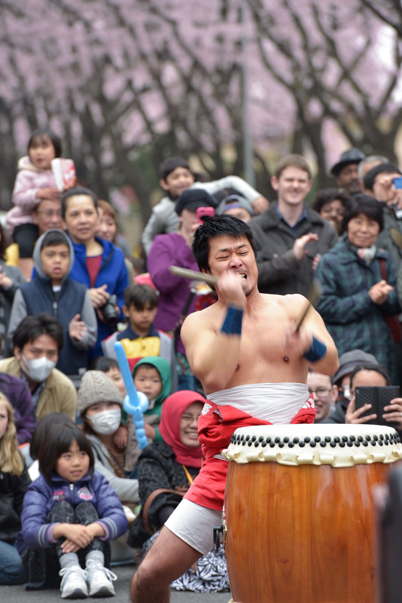 A drummer with the Yokota Samurai Taiko performs during the Sakura Spring Festival at Yokota Air Base, Japan, April 2, 2016. There were a variety of performances during the event, including Taiko drummers, dancers and bands. (U.S. Air Force photo by Machiko Imai/Released)