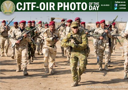 An Australian Army trainer leads Iraqi Army soldiers to the beginning of the bayonet course during bayonet fighting lessons at the Taji Military Complex, Iraq. Australian and New Zealand forces are assisting the Iraqi Army to enhance the ability of Iraqi soldiers to combat Daesh.
