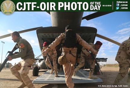 An Iraqi co-pilot with Squadron 15 "The Night Wolves," directs Iraqi soldiers from the Nineveh Operations Command Commando Battalion, off the helicopter at Camp Taji, Iraq, Jan. 10, 2016. Task Group #Taji worked with Squadron 15 "The Night Wolves" to train Iraqis on proper loading and unloading techniques with the MI-17SH "Black Beauty."

Training at the building partner capacity sites is an integral part of Combined Joint Task Force – Operation Inherent Resolve’s multinational effort to train Iraqi Security Force personnel to defeat the Islamic State of Iraq and the Levant.