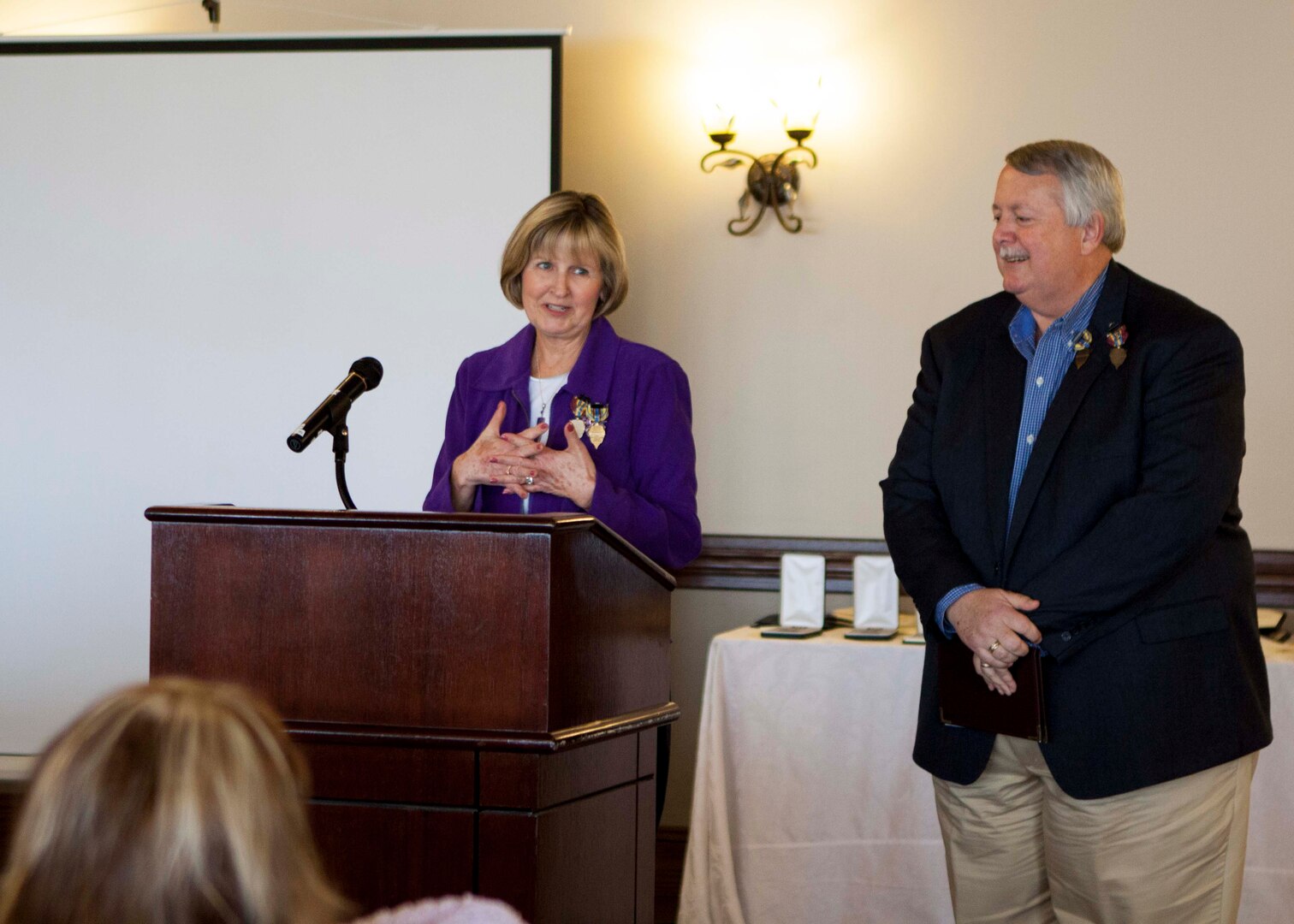 Denise Kurtz thanks her family, friends, and coworkers during her dual retirement ceremony with her husband, John Kurtz.  