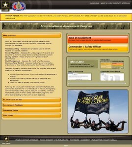 ARAP is a Web-based initiative that provides battalion-level commanders with data on their formation's readiness posture through five segments: Process Auditing - Assesses the processes used to identify hazards and correct problems Reward Systems - Assesses the unit's program of rewards and discipline to reinforce proper behavior and correct risky actions Quality Control - Places emphasis on high standards of performance Risk Management - Assesses the health of unit processes Command and Control - Assesses leadership, communication, and policies as they relate to Composite Risk Management (CRM) Designed for use by battalion-sized units, the program asks several questions of battalion commanders.
