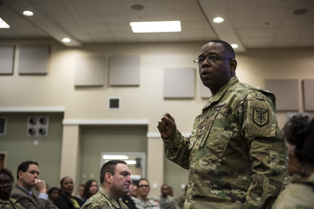 Maj. Gen. Phillip Churn, commanding general of the 200th Military Police Command, talks to his command staff, brigades and battalions leaders during a Yearly Training Brief conference held in Columbus, Ohio, April 2. During the event, battalion and brigade leaders worked to improve their readiness and briefed the commanding general and his command leadership on their units' status. (U.S. Army photo by Master Sgt. Michel Sauret)