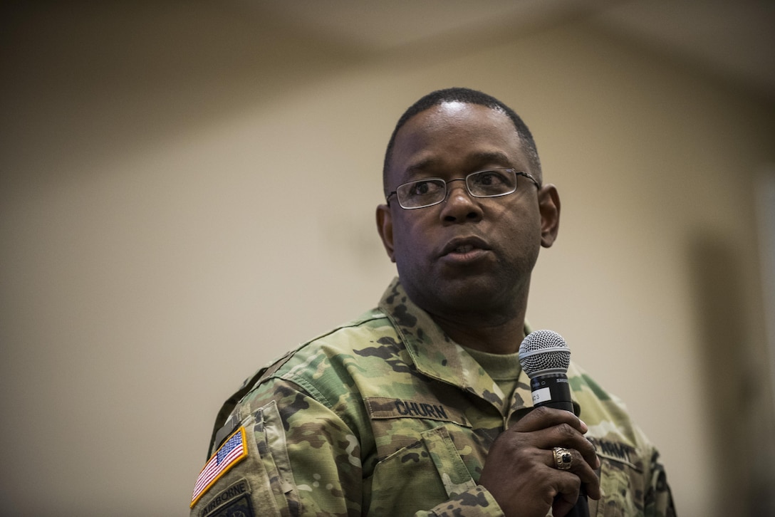 Maj. Gen. Phillip Churn, commanding general of the 200th Military Police Command, talks to his command staff, brigades and battalions leaders on the final day of a Yearly Training Brief conference held in Columbus, Ohio, April 3. During the event, battalion and brigade leaders worked to improve their readiness and briefed the commanding general and his command leadership on their units' status. (U.S. Army photo by Master Sgt. Michel Sauret)