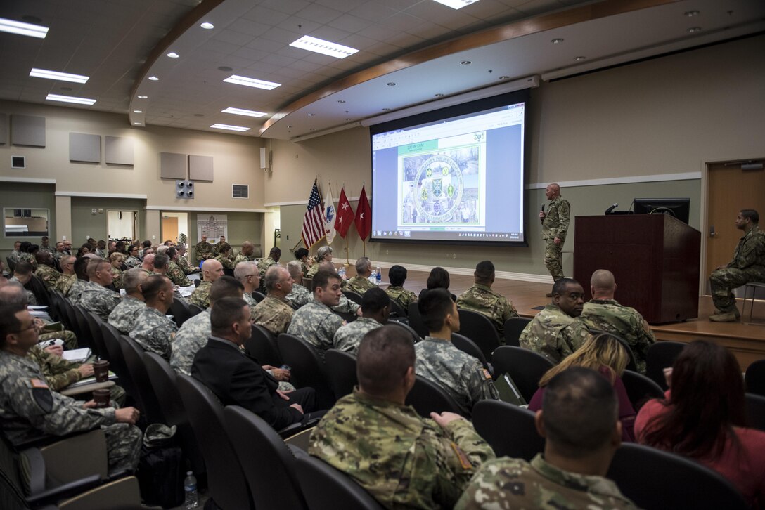 More than a hundred leaders and senior staff members from various military police battalions and brigades joined the 200th Military Police Command headquarters leadership and senior staff for a four-day workshop and Yearly Training Brief conference held in Columbus, Ohio, on April 2. During the event, battalion and brigade leaders worked to improve their readiness and briefed the commanding general and his command leadership on their units' status. (U.S. Army photo by Master Sgt. Michel Sauret)