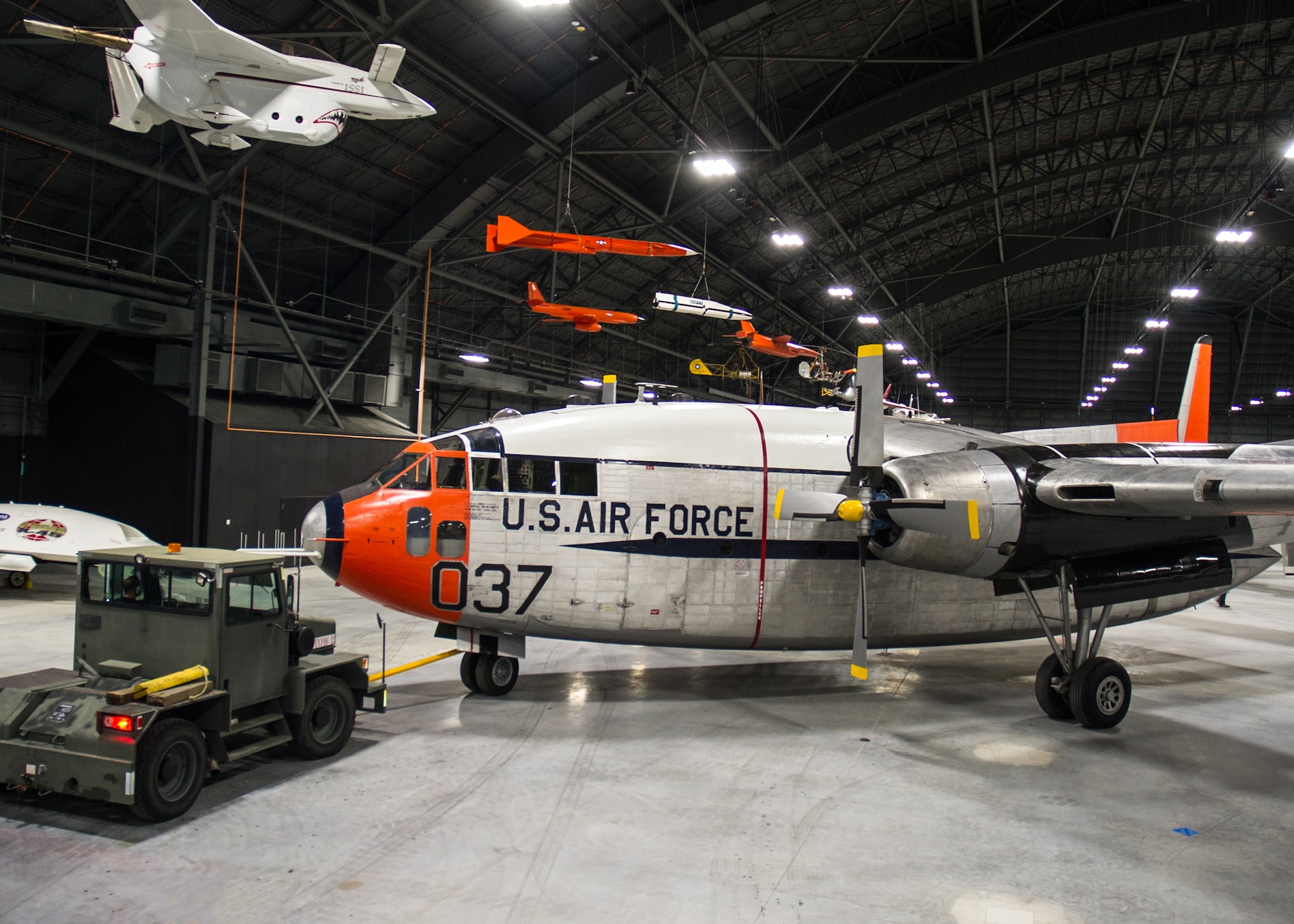 DAYTON, Ohio -- Fairchild C-119J Flying Boxcar being moved into the Space Gallery at the National Museum of the United States Air Force on April 5, 2016. (U.S. Air Force photo by Ken LaRock)