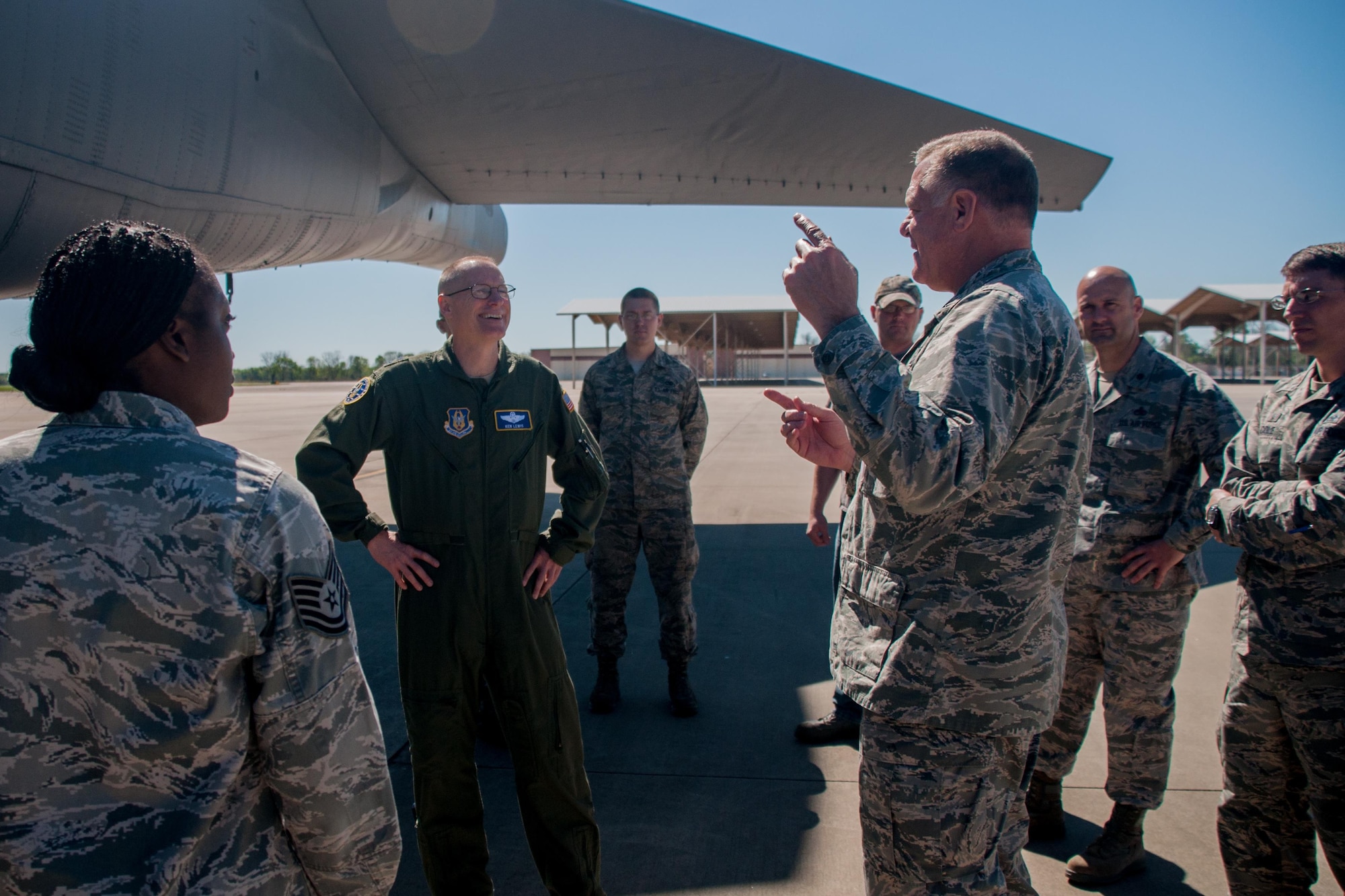 U.S. Air Force Lt. Col. Leo Kamphaus, the commander of the 307th Maintenance Group, points out features of the B-52 Stratofortress to Maj. Gen. Ken Lewis, the AFRC director of Air, Space and Information Operations, on April 4th on Barksdale Air Force Base, La. Lewis received a hands on tour of the bomber while visiting the 307th Bomb Wing. (U.S. Air Force photo by Master Sgt. Dachelle Melville)