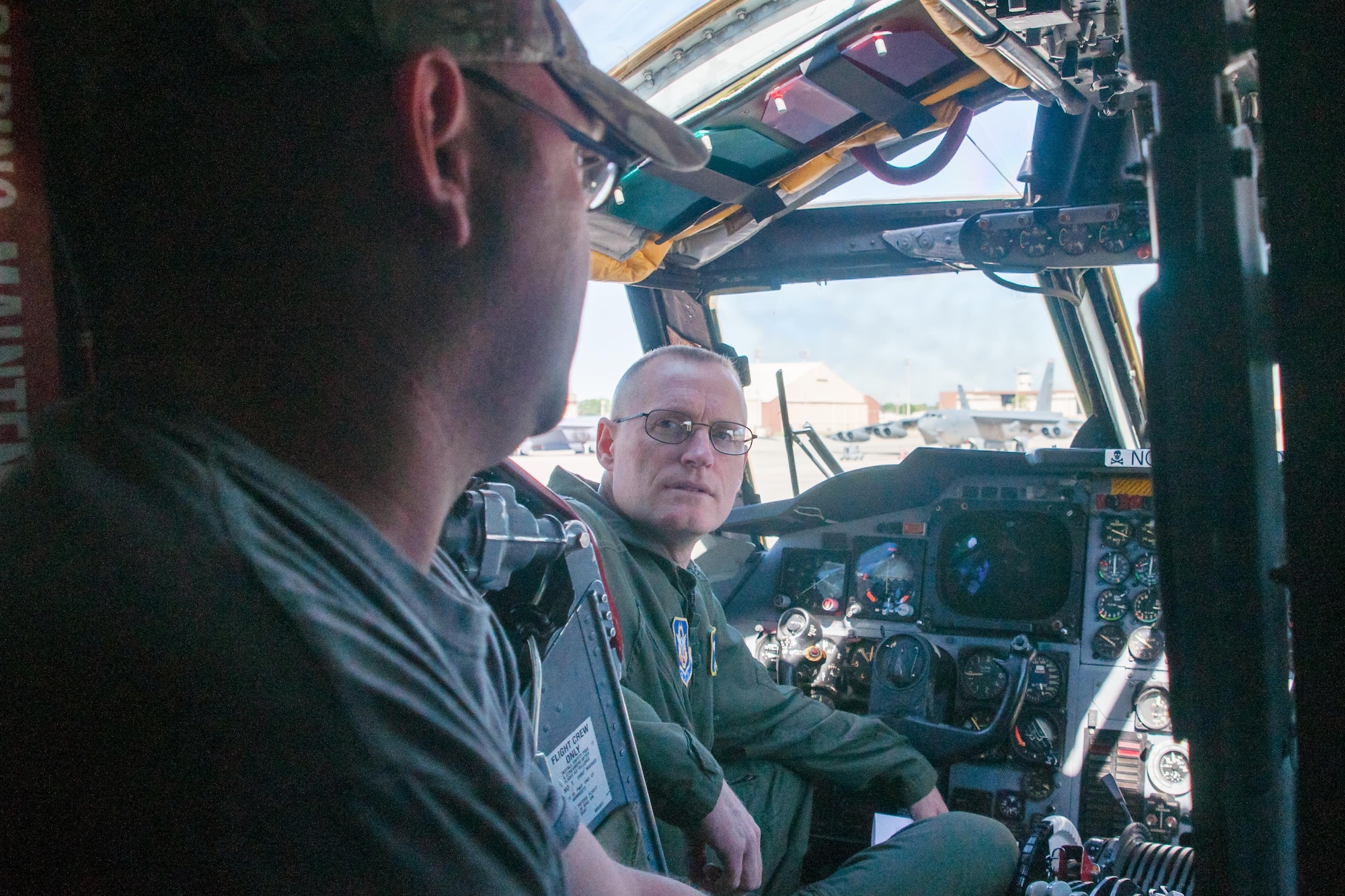 U.S. Air Force Maj. Gen. Ken Lewis, the AFRC director of Air, Space and Information Operations, speaks with an Air Reserve Technician of the 307th Aircraft Maintenance Squadron, while sitting in the pilot’s seat of a B-52 Stratofortress on Barksdale Air Force Base, La. on April 4, 2016. Lewis had the chance to speak to the Citizen Airmen of the 307th Bomb Wing during a tour of the bomber and the Wing. (U.S. Air Force photo by Master Sgt. Dachelle Melville)