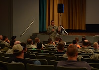 Senior Master Sgt. Travis Davis, superintendent of Occupational Safety Division for Headquarters Pacific Air Forces, briefs military motorcycles riders during Motorcycle Safety Day on Joint Base Pearl Harbor-Hickam, April 1, 2016. Approximately 175 motorcycle riders from JBPHH met up at the Hickam Memorial  Theater to talk about motorcycle safety as well as share personal stories and experiences pertaining to riding. The motorcycle safety event fulfilled an Air Force annual requirement for motorcycle riders.(U.S. Air Force photo by Tech. Sgt. Aaron Oelrich/released) 

