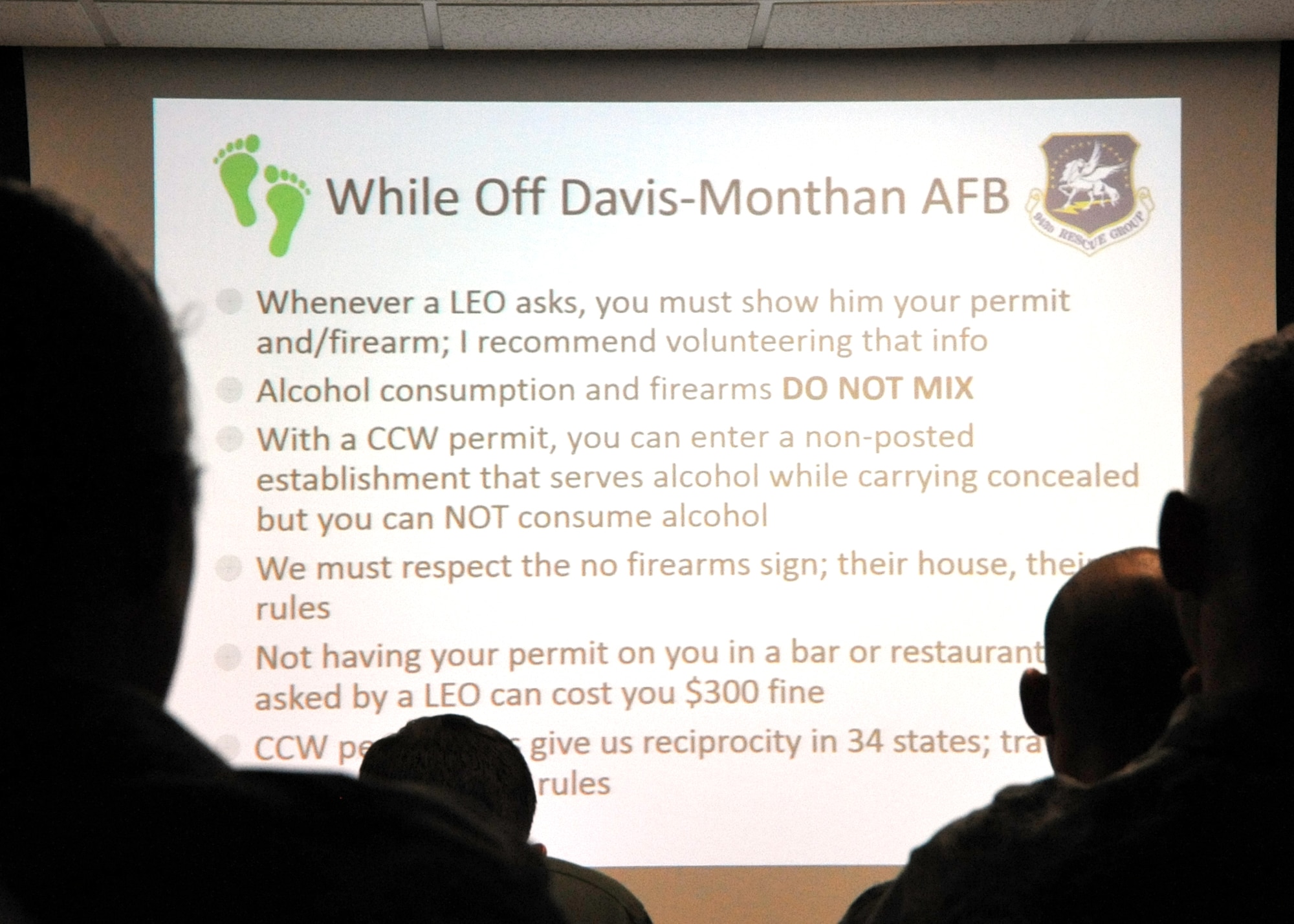 Members of the 943rd Rescue Group attend training   designed to educate Citizen Airmen on the base integrated defense plan and laws for personally-owned firearms May 2. (U.S. Air Force photo by Tech. Sgt. Carolyn Herrick)