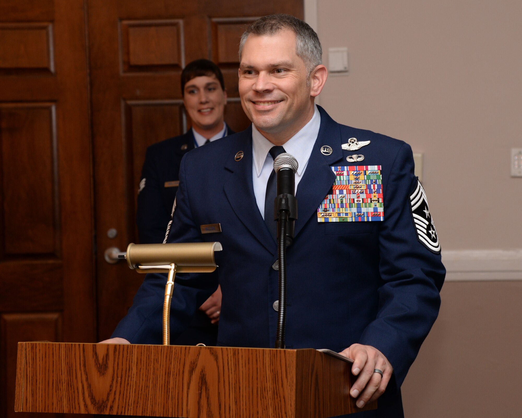 Chief Master Sgt. Tommy Mazzone. 2nd Bomb Wing command chief, speaks during an event at Barksdale Air Force Base, La., March 25. (U.S. Air Force photo/Senior Airman Jannelle Dickey)