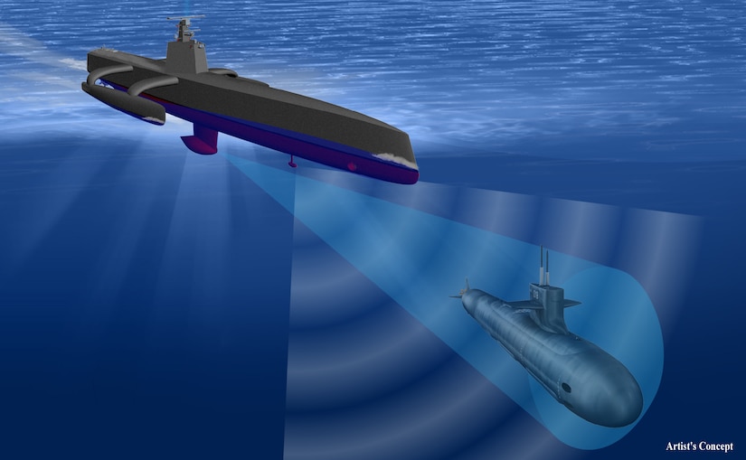 Artist’s concept of a new class of ocean-going vessel designed, developed and built through DARPA’s anti-submarine warfare continuous trail unmanned vessel, or ACTUV, program. The 132-foot ship is able to travel thousands of miles over open seas for months at a time with no crew members aboard. According to DARPA, ACTUV embodies breakthroughs in autonomous navigation and operation with the potential to revolutionize U.S. maritime operations. DARPA image