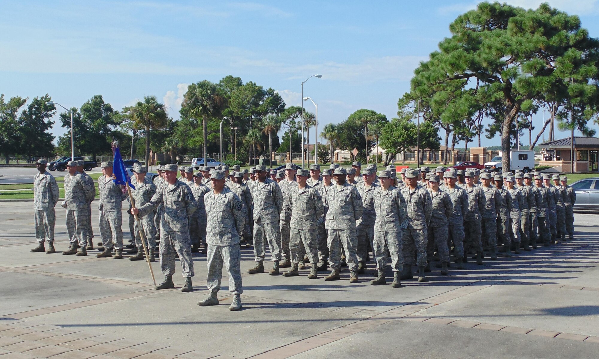Members of the 325th Logistics Readiness Squadron participate in a retreat ceremony, Aug. 6, at Flag Park. The 325th Logistics Readiness Squadron won the Air Force’s coveted 2015 Major General Warren R. Carter Daedalian Logistics Effectiveness Award. (U.S. Air Force courtesy photo)