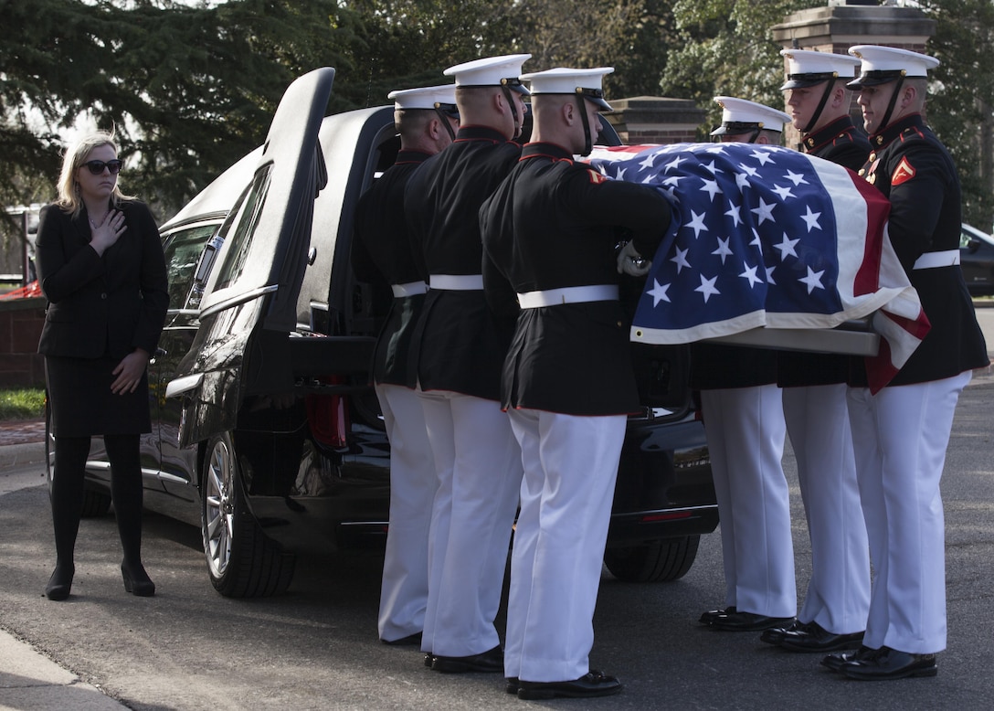 Body Bearers with Marine Barracks Washington, D.C. carry the casket of retired Gen. Earl E. Anderson, former commandant of the Marine Corps, at his funeral in Arlington National Cemetery, Arlington, Va., March 31, 2016. Anderson was the first active duty Marine Naval Aviator to be promoted to a four-star rank, and he became the assistant commandant of the Marine Corps April 1, 1972. (U.S. Marine Corps photo by Lance Cpl. Paul A. Ochoa/Released) 


