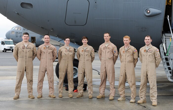 The aircrew, consisting of members from the 14th and 16th Airlift Squaron and the 437th Aircraft Maintenance Squadron, stand infront of a C-17 Globemaster III, April 1, 2016, at Joint Base Charleston, S.C. The Airmen were one of the first crews involved with flying the ordered departure mission of military families out of Turkey. (U.S. Air Force photo/Staff Sgt. Jared Trimarchi)) 
