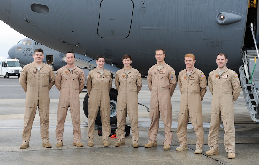 The aircrew, consisting of members from the 14th and 16th Airlift Squaron and the 437th Aircraft Maintenance Squadron, stand infront of a C-17 Globemaster III, April 1, 2016, at Joint Base Charleston, S.C. The Airmen were one of the first crews involved with flying the ordered departure mission of military families out of Turkey. (U.S. Air Force photo/Staff Sgt. Jared Trimarchi)) 