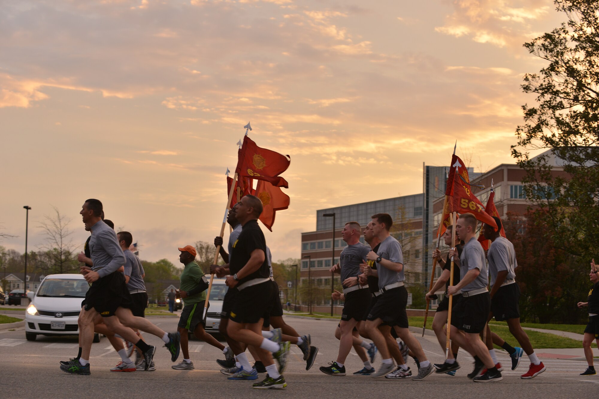 U.S Soldiers near the end of the Sexual Assault Awareness Month 5K at Fort Eustis, Va., April 1, 2016. Joint Base Langley-Eustis is holding several events throughout the month of April to spotlight the importance of preventing sexual assault and harassment. (U.S. Air Force photo by Staff Sgt. Natasha Stannard)