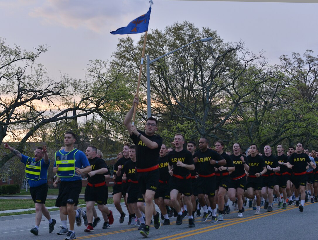 U.S. Soldiers run in the Sexual Assault Awareness Month 5K at Fort Eustis, Va., April 1, 2016. Units ran together as a way to show solidarity amongst the ranks in the battle against sexual assault and harassment. (U.S. Air Force photo by Staff Sgt. Natasha Stannard)