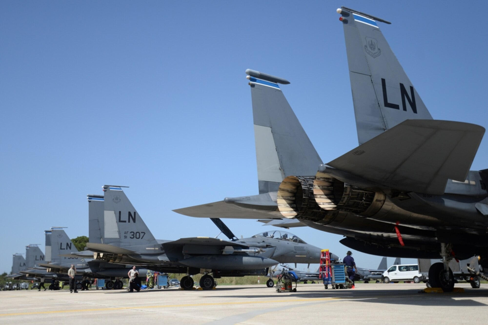 U.S. Air Force Airmen from the 48th Fighter Wing, Royal Air Force Lakenheath, England, prepare for a sortie launch, April 4, 2016, during exercise INIOHOS 16 at Andravida Air Base, Greece. INIOHOS 16 is a Hellenic air force-hosted air exercise that enhances interoperability, capabilities, and skills amongst allied and partner air forces in the accomplishment of joint operations and air defenses, in order to maintain joint readiness and reassure our regional allies and partners. (U.S. Air Force photo by Tech. Sgt. Eric Burks/Released)